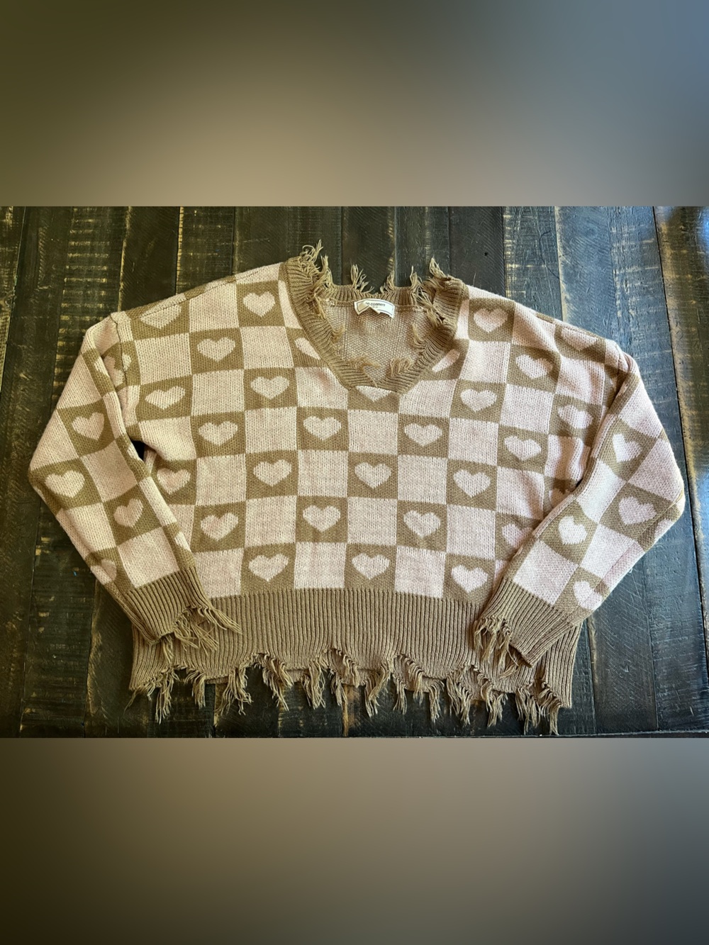 Distressed Heart-Check V-Neck Sweater Raw Fringe Boho